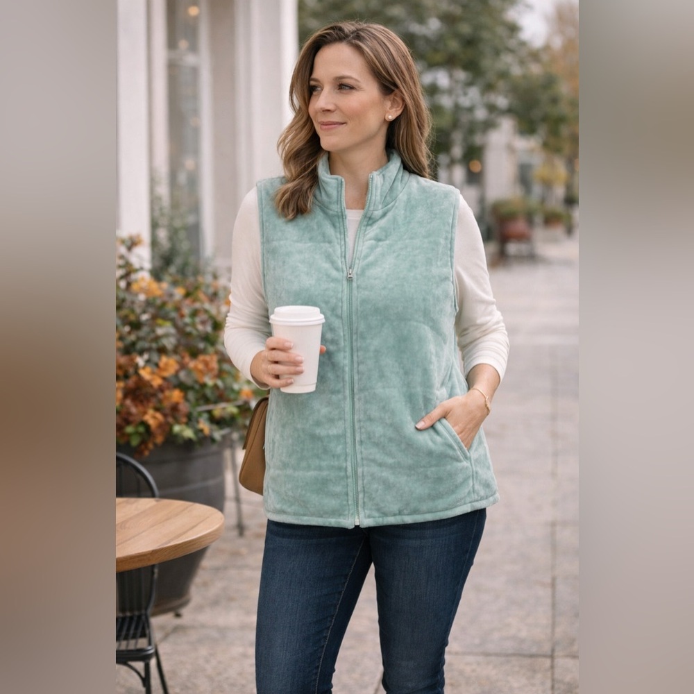 NWT $79 Susan Bristol Full Zip Vest Soft Seafoam Green Velour Petite XL Warm
